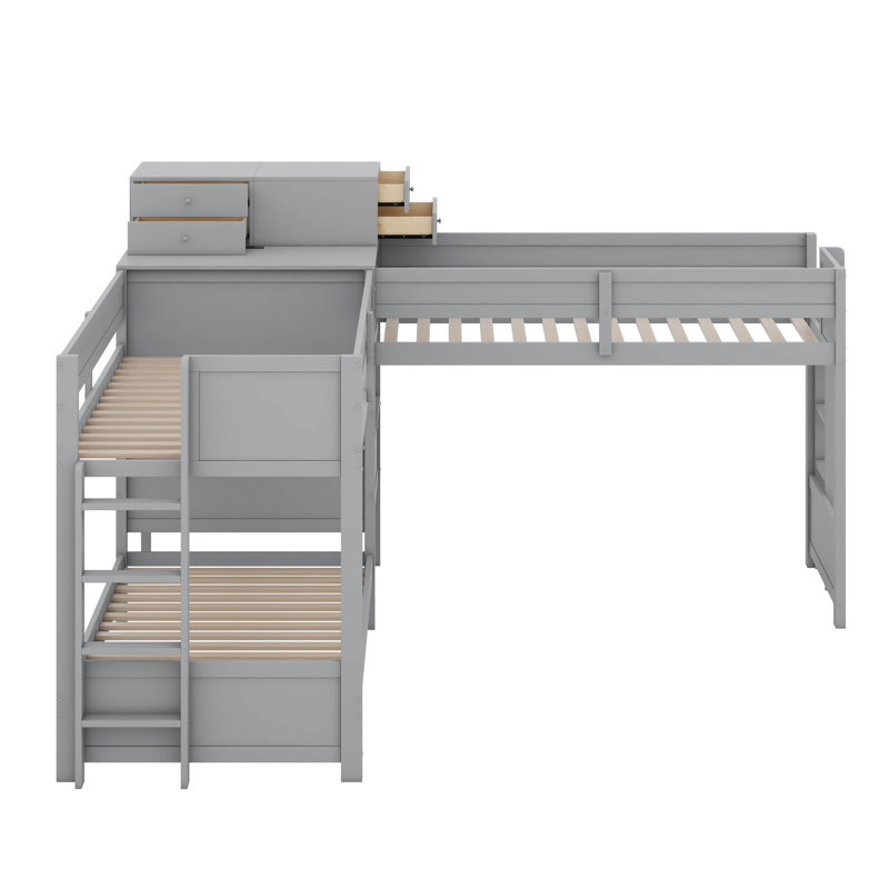 Lit simple superposé en forme de L avec bureau et tiroirs de rangement, lit superposé peu encombrant avec ports USB, Gris