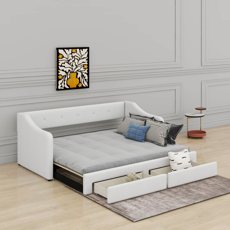 Twin XL To King Size Upholstered Daybed With Drawers, Beige