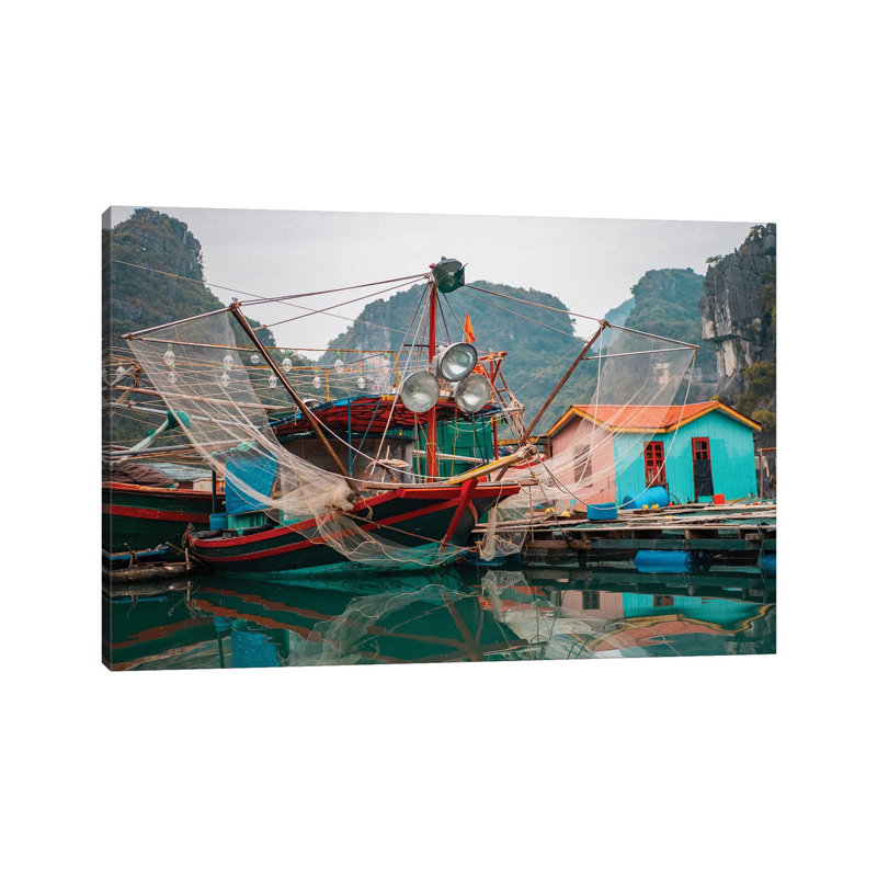 Asia, Vietnam, Quang Ninh, Ha Long Bay. Colourful Fishing Boat At Its Dock Is Reflected In Calm Bay Waters. by Bryce Merrill - Wrapped Canvas Gallery-Wrapped Canvas Giclée