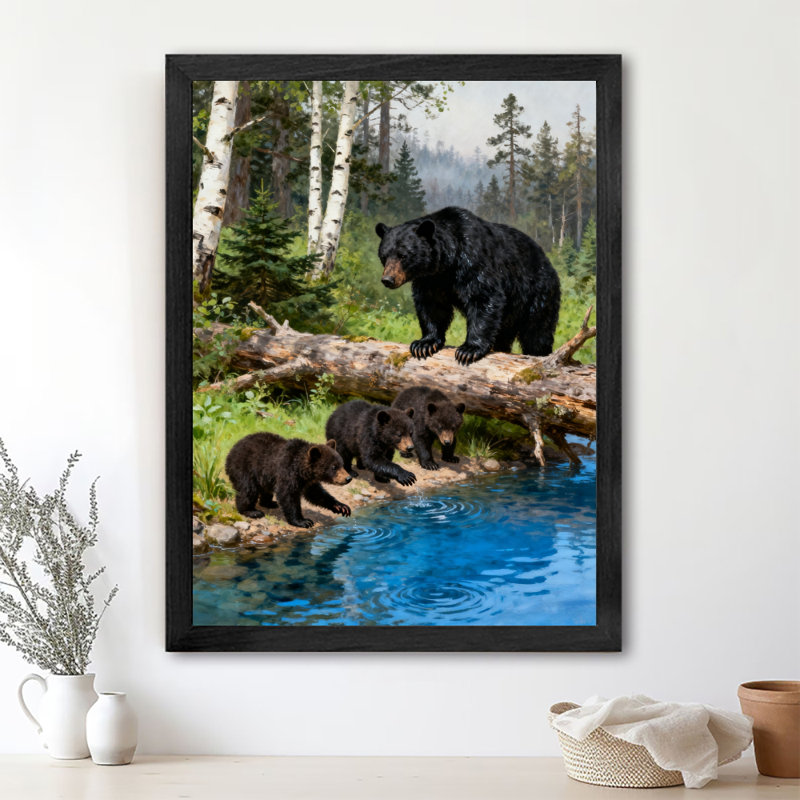 Reproduction d'art encadré noir, famille d'ours noirs et forêt, H 11 po x l 9 po