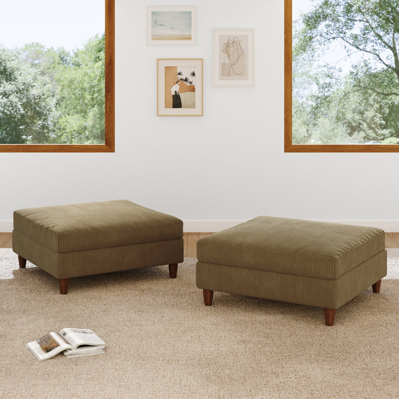 Upholstered Camel Square Corduroy Ottoman with Solid Wood Legs, Ottoman Modular Part For Sectional Sofa, Camel
