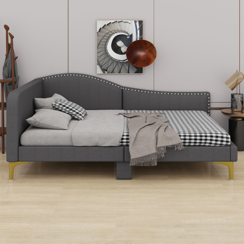 Structure de lit de jour classique rembourrée avec tête de lit, accoudoirs et pieds de soutien durables, Gris, Double