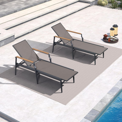 Purple Leaf Outdoor Textilene Fabric Chaise Lounge Chair Set Of 2 Aluminum Chairs With Wooden Armrest by Purple Leaf