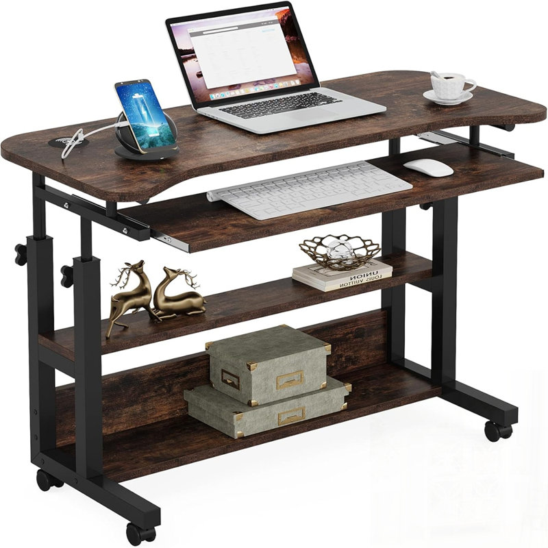Bureau portable réglable en hauteur avec prises de courant et charge USB, idéal pour les espaces de travail modernes et les petits espaces