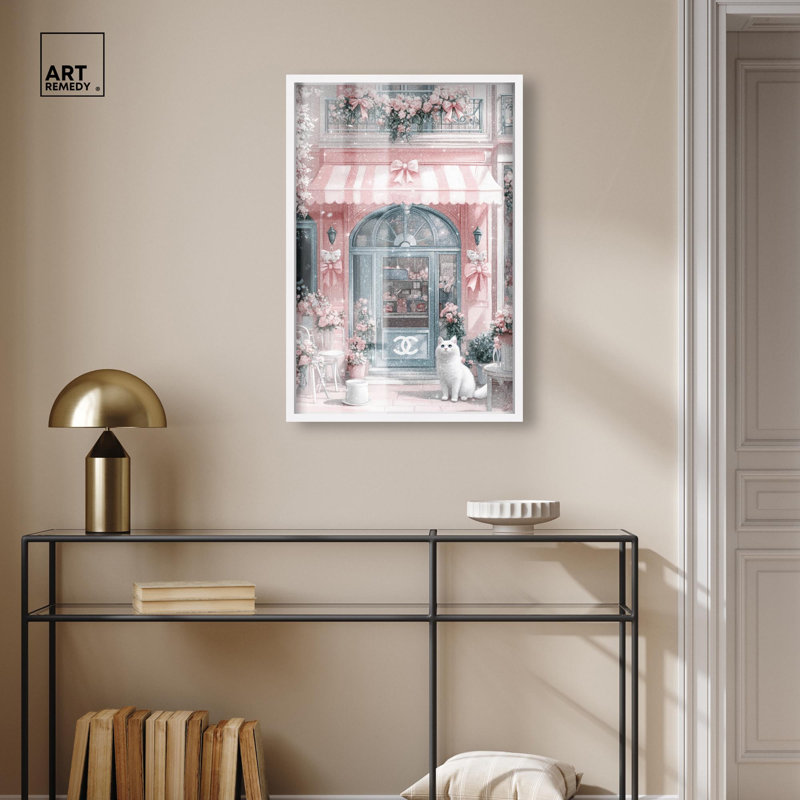 «Cat at the Bow Store Shadowbox Print Glam Art Prints» par Art Remedy, H 31 po x l 21 po, Blanc
