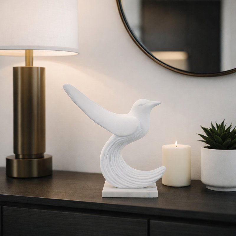 Statue d'oiseau Ecomix inspirée de la galerie avec base en marbre pour décor de salon - Décoration sculpturale pour tablette ou décoration intérieure - 11 po, blanc