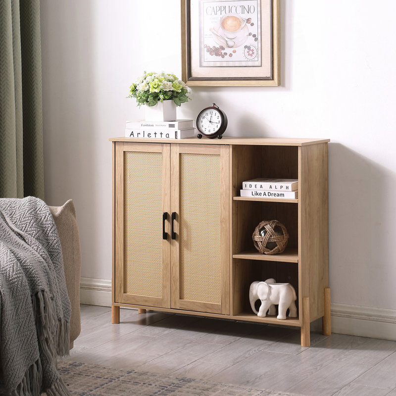 Armoire de rangement Mid-Century moderne avec portes en rotin tissé, tablettes ouvertes et tablettes réglables