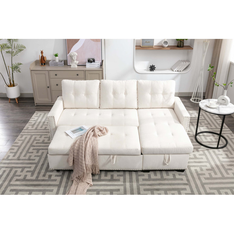 77 Inch Reversible Sectional Storage Sleeper Sofa Bed, L-Shape 2 Seat Sectional Chaise With Storage, Skin-Feeling Velvet Fabric Color For Living Room Furniture
