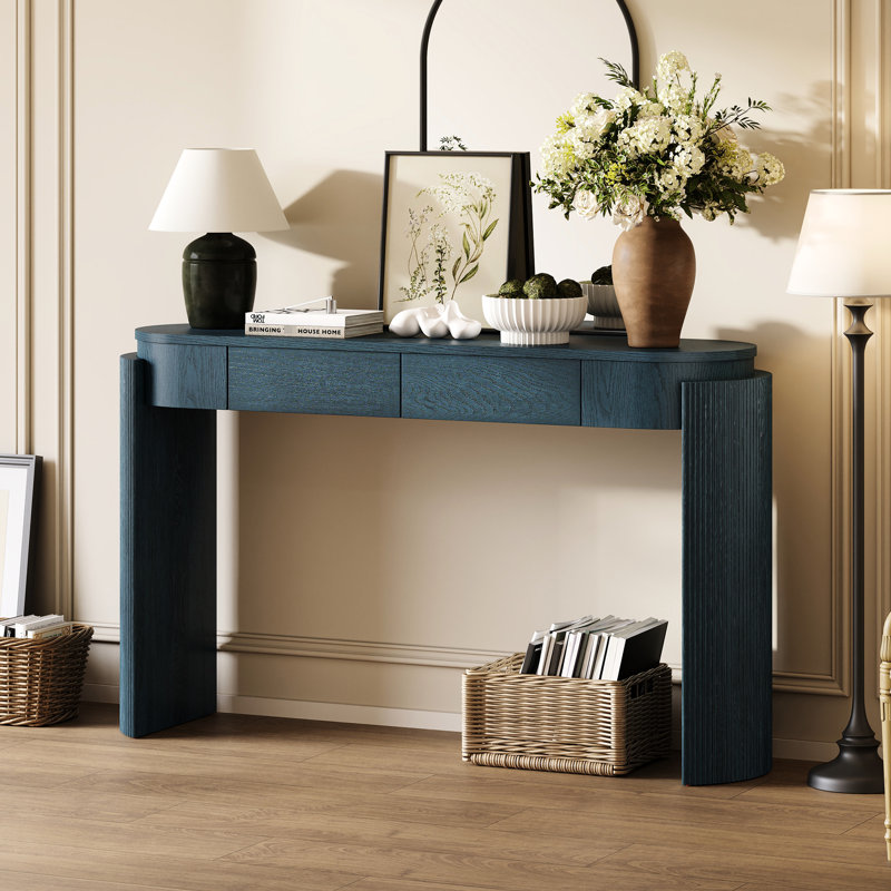 Console en bleu marine avec plateau ovale, grain de bois naturel, conception cannelée, rangement pour petits objets, table d'entrée, look, pieds, 2 tiroirs, finition, intérieurs traditionnels