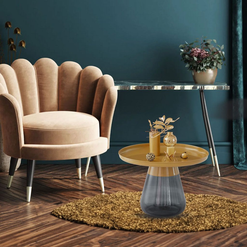 Table d'appoint ronde Aeryn 61 cm (24 po) avec plateau en titane doré mat et base en verre noir émeraude, Or, Noir