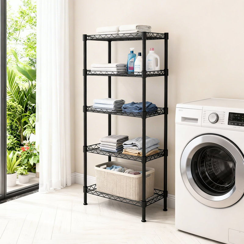 Étagère à 5 niveaux en fil métallique réglable pour la salle de lavage, la salle de bain, la cuisine et les petits espaces, couleur noire, tablettes de rangement robustes avec une conception robuste