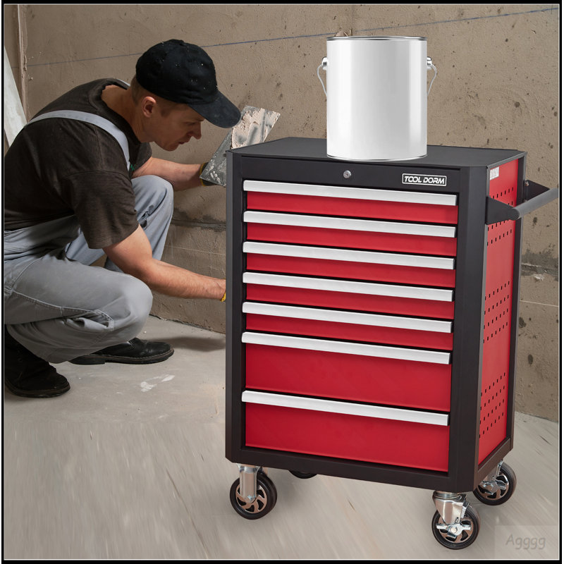 Coffre à outils à 7 tiroirs avec roulettes et tiroirs verrouillables, armoire de rangement pour outils mobile l 18,5 po x l 28 po x H 39,5 po, organisateur de garage robuste avec poignée ergonomique