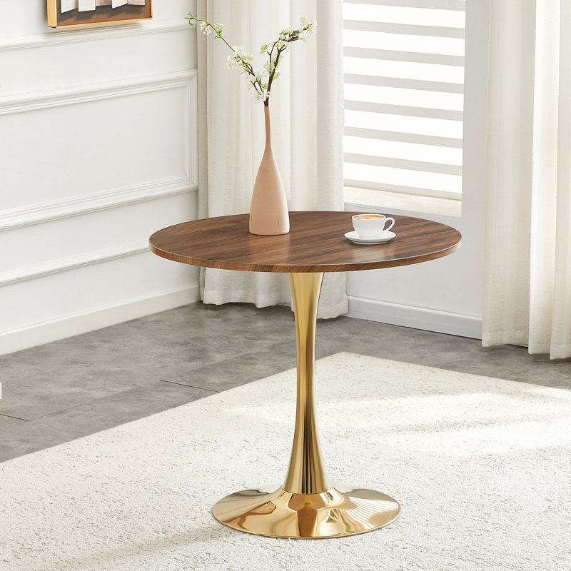 Table de salle à manger ronde avec plateau en faux noyer épaissi et piédestal en métal pour petits espaces et décor moderne Mid-Century