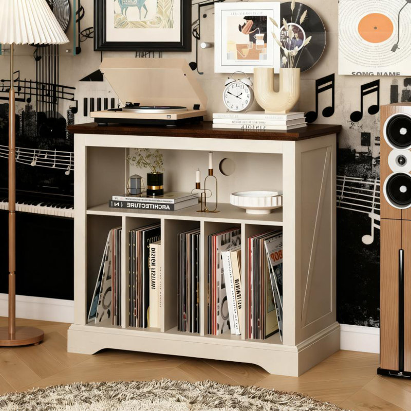Grand tourne-disque de ferme avec rangement pour vinyle, armoire à plateau tournant, Blanc antique