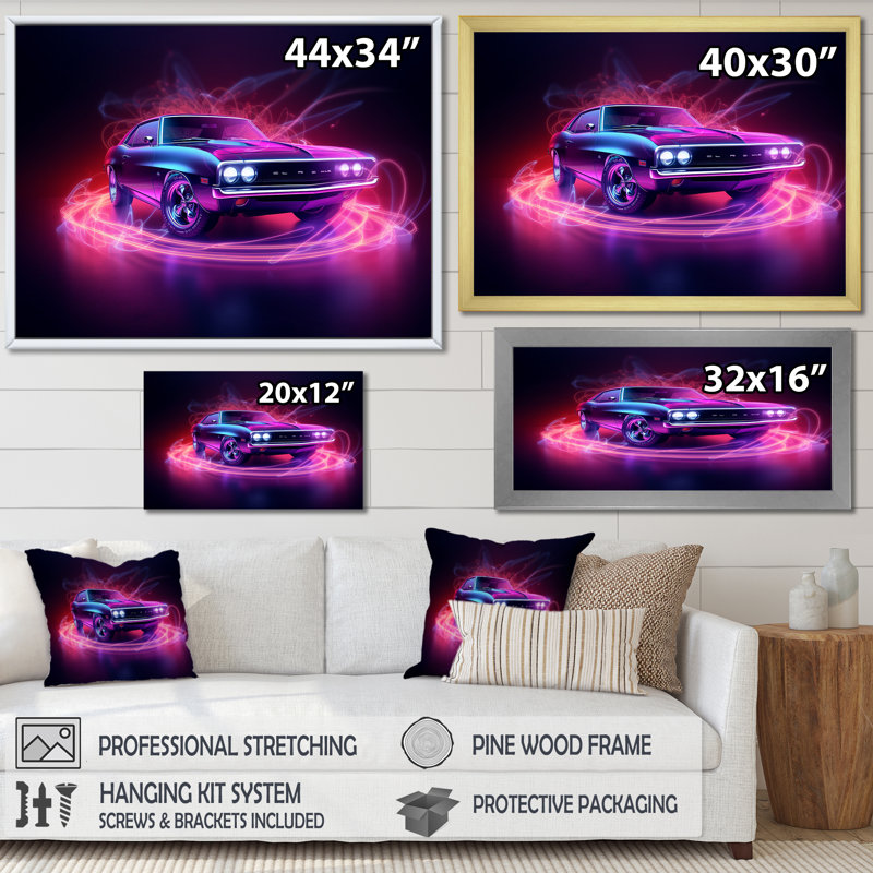«Neon Light American Muscle Car I», reproduction sur toile, Cadre doré simple, H 16 po x l 32 po x P 1 po