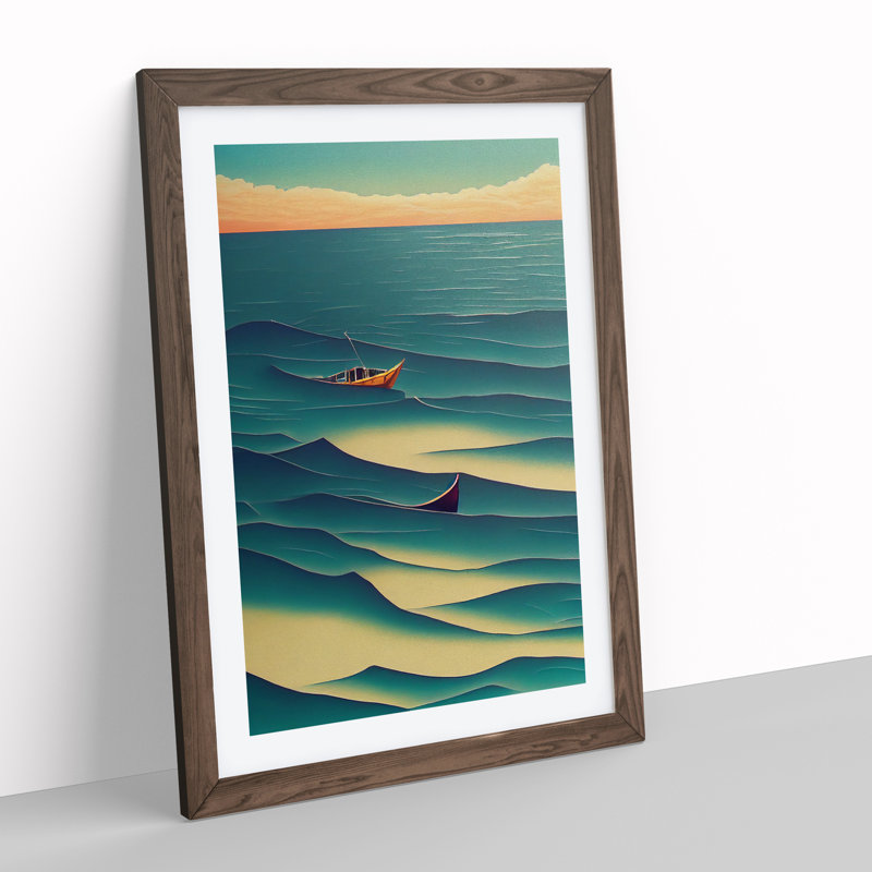 Boat in the Waves - Wall Art, 36cm H x 27cm W x 2cm D, Walnut Framed, White