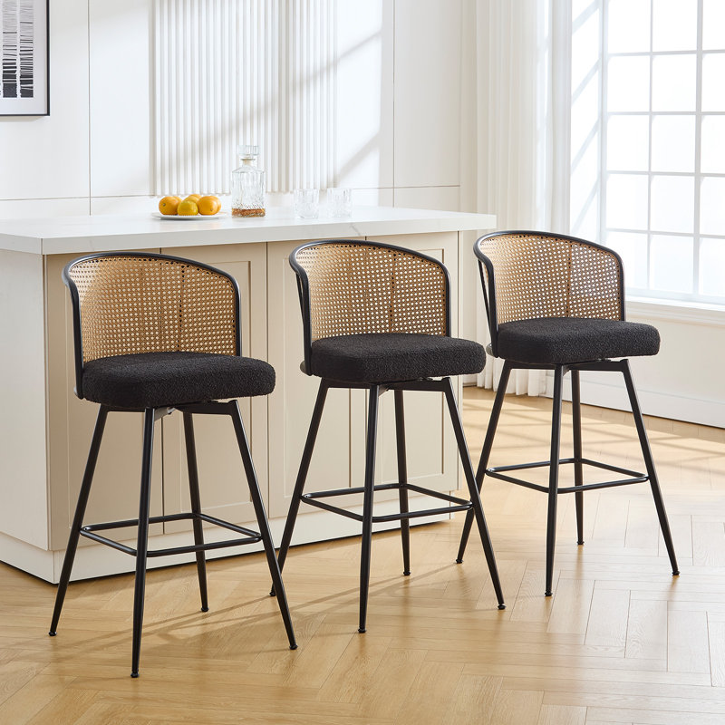 Cane Back Swivel Upholstered Stool, Black Boucle, Counter Stool (26” Seat Height), 3