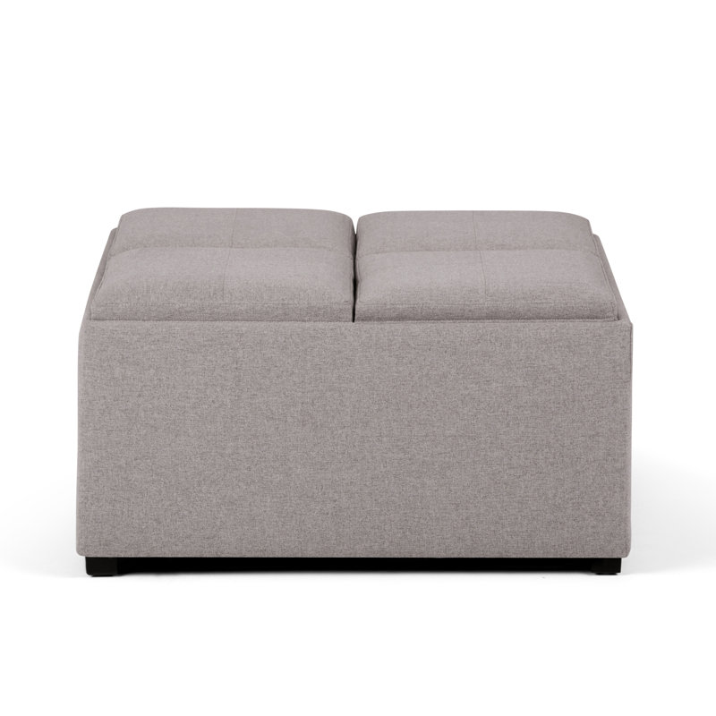 Avalon 35"W Upholstered Linen-Look Fabric Modern Square Coffee Table Storage Ottoman with 4 Flip-Over Trays, Cloud Gray