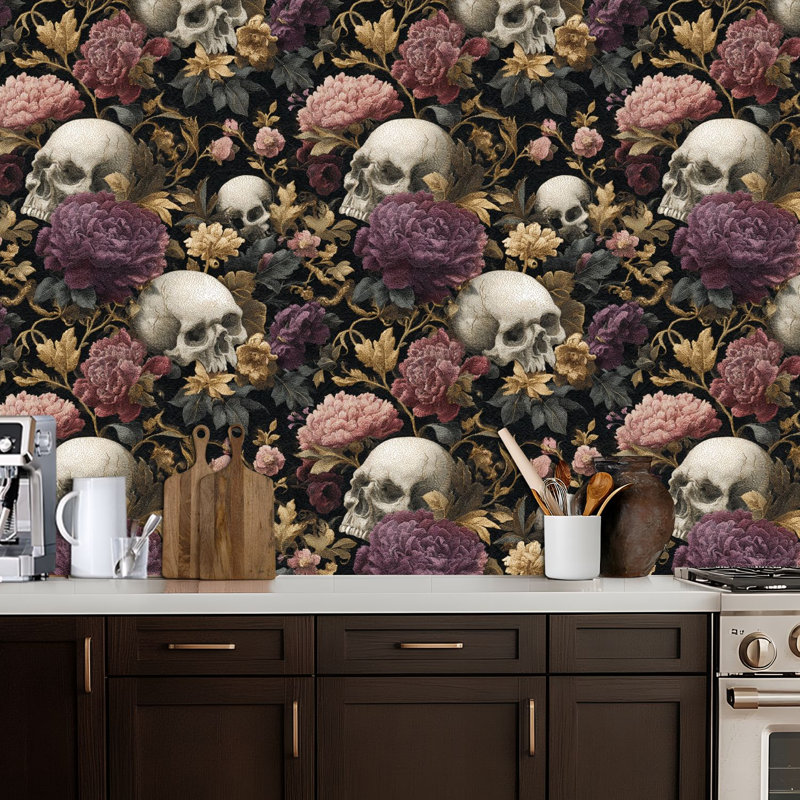Papier peint adhésif peler et coller en PVC, revêtement mural auto-adhésif amovible avec impression de style antique sans couture botanique crâne foncé romantique, imperméable pour la décoration intérieure - Rouleau