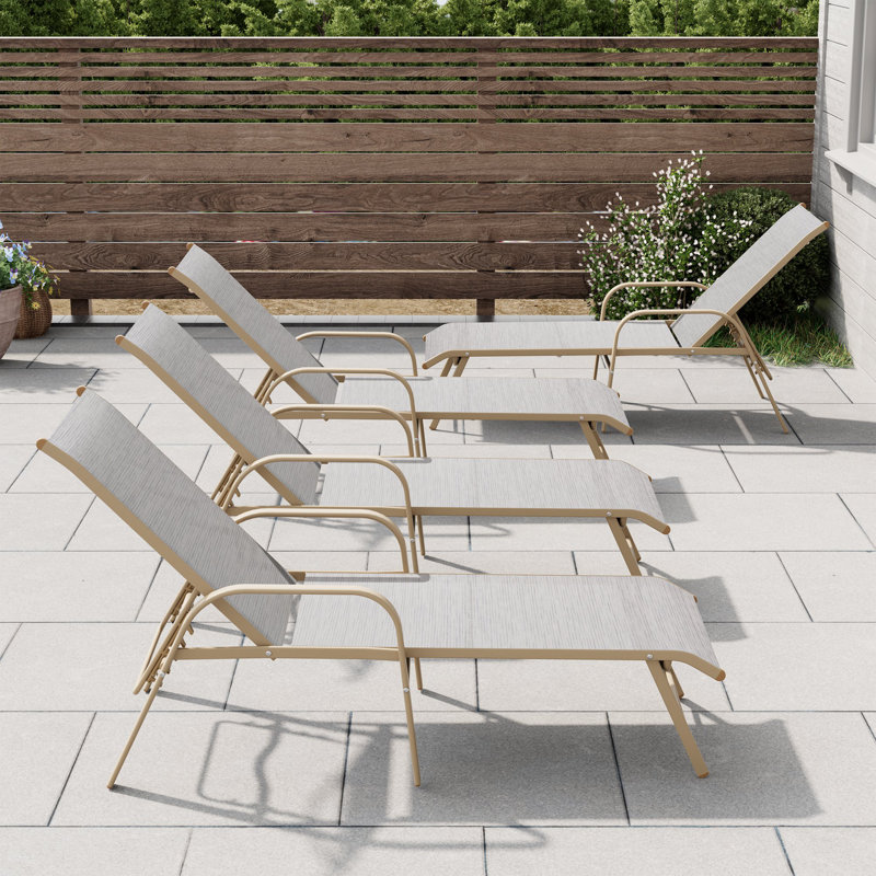 Aluminum Reclining Chaise Lounge (Set of 4), White, Beige