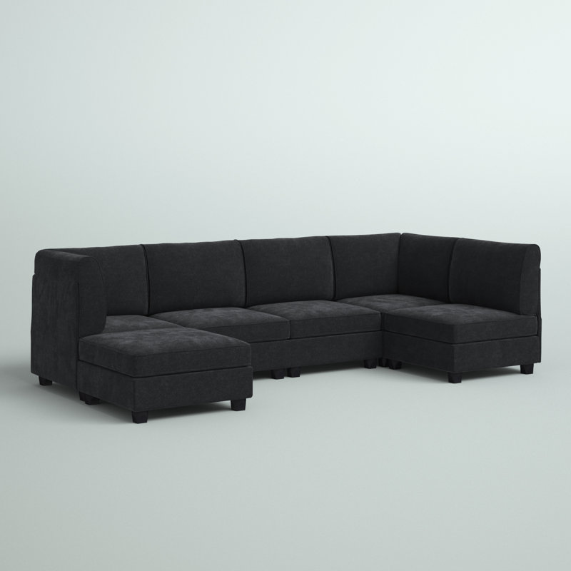 Canapé modulaire large avec repose-pieds, Mélange de polyester noir