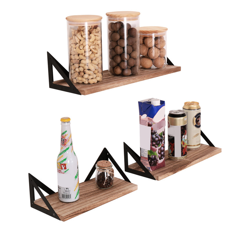 3 Wall Mounted Natural Wood Shelves - Floating Style With Brackets For Bedroom, Living Room, Kitchen, Bath