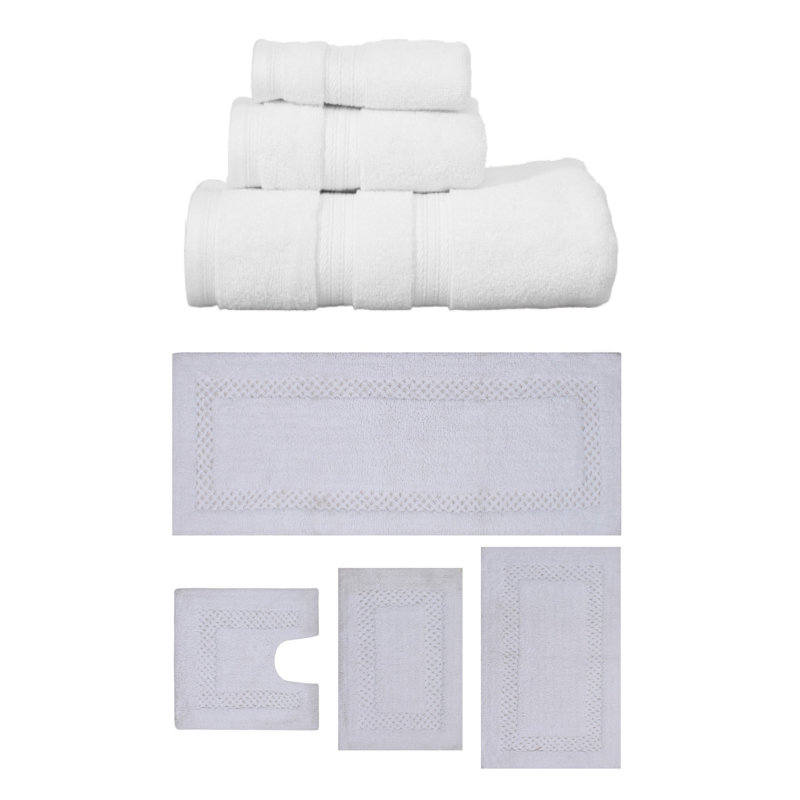 Bublitz Classy Bath Mat 100% Soft Cotton Towel Set & Bath Rug Combo, 7 Piece Towel Set, White