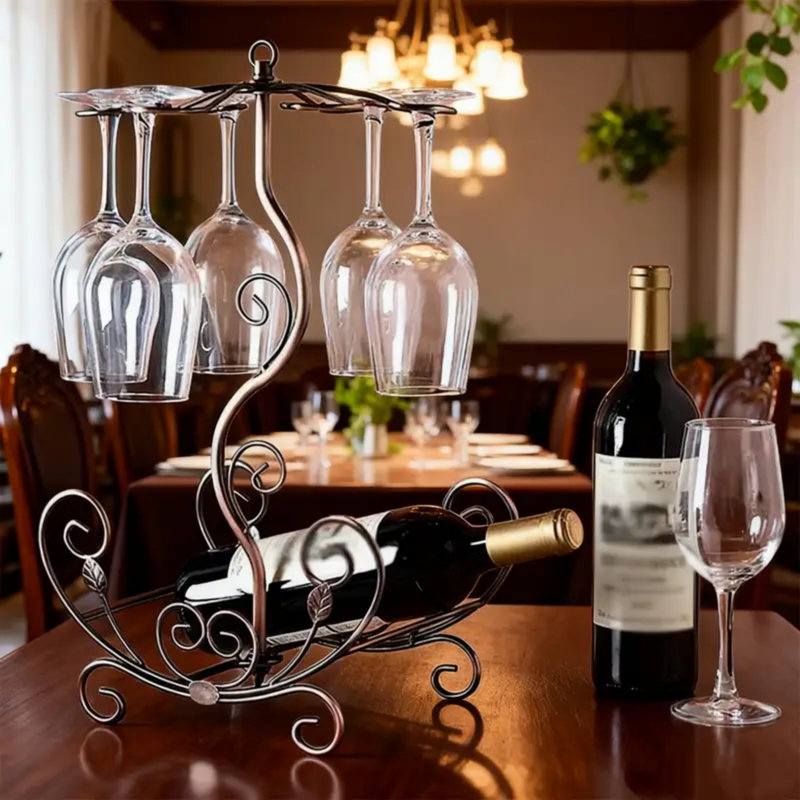 Support à vin à 2 verres et 6 bouteilles pour comptoir, support mural peu encombrant et décoration de bar de table avec porte-verres à pied et porte-gobelet pour la cuisine, le bar et la salle à manger