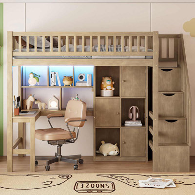 Modern Wood Loft Bed With L-Desk, LED Lights & Ample Storage For Living Room