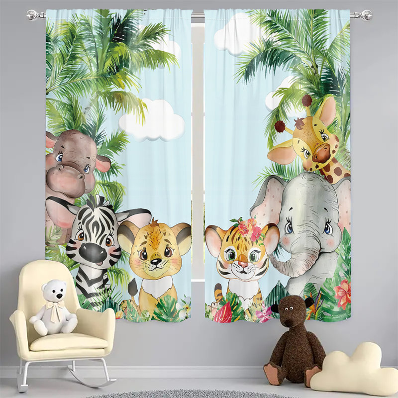2Pcs Safari Animal Curtains Rod Pocket Mount Tropical Jungle Zebra Tiger Lion Giraffe Elephant Pattern Polyester Light Filtering Window Treatment for Living Room Bedroom Nursery Home Decor