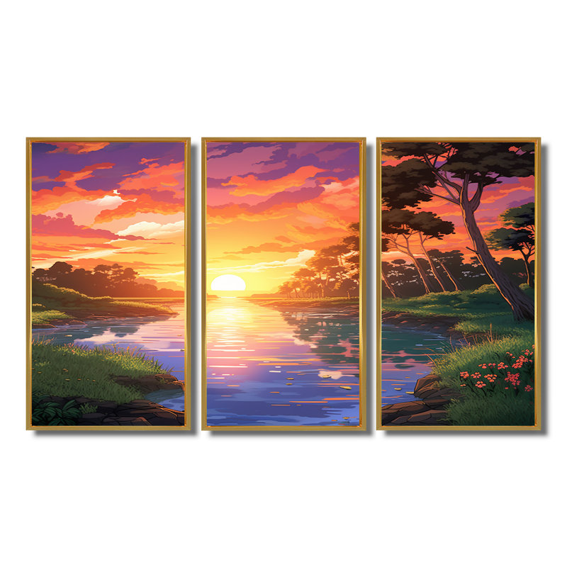 Glorieux coucher de soleil sur la rivière Holland - ensemble de décoration murale lac, Cadre flottant brun