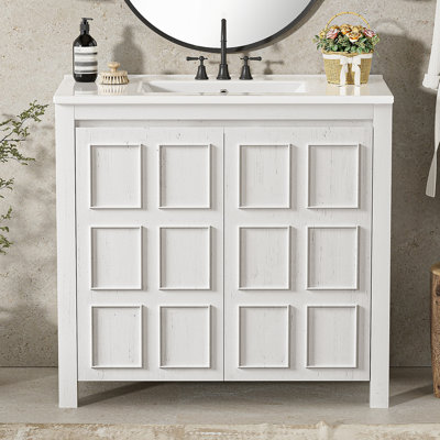 Organisateur de meuble-lavabo 36 po avec lavabo en céramique, ensemble armoire de rangement pour salle de bain, blanc antique