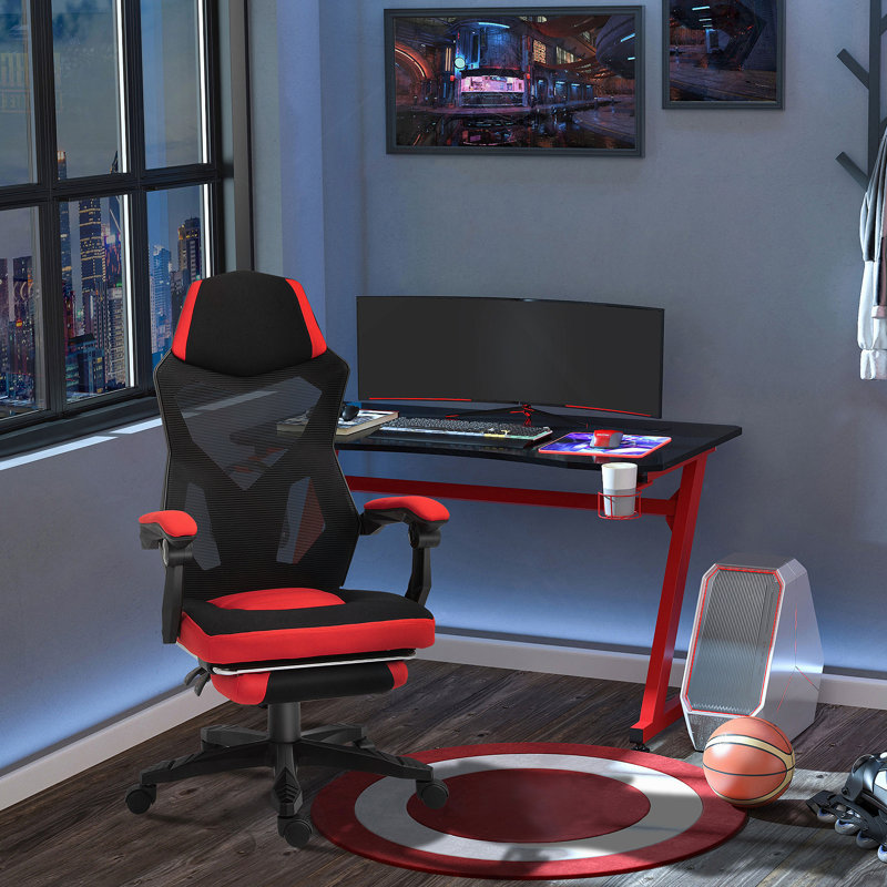 Vinsetto Ergonomic Home Office Chair High Back Armchair Computer Desk Recliner with Footrest, Mesh Back, Lumbar Support and Wheels, Red
