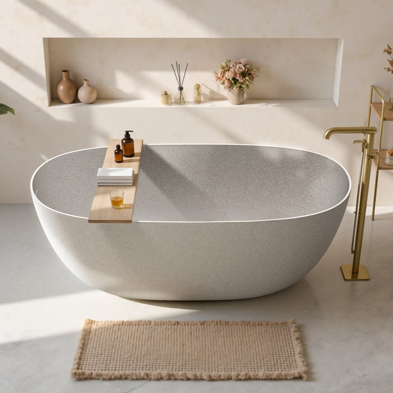 StonePure 61"×30" Freestanding Solid Surface Stone Bathtub, Deep Soaking Tub With Overflow, Pop-up Drain, Starry Gray