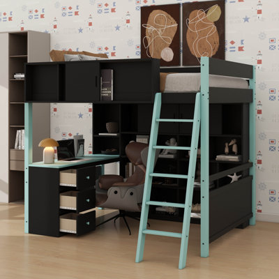 Full-Size Wooden Loft Bed With Built-In Desk And Drawers, Gaming-Oriented Bed With Ample Storage And Lighting