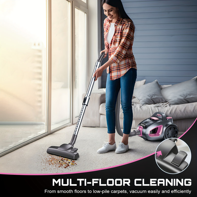 Canister Vacuum Cleaner, 40Kpa 1600W Powerful,3.7QT Large Dust Cup Vacuum for Hard Floors, Carpets, Pet Hair, Pink