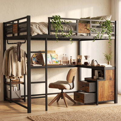 Grand lit mezzanine en métal avec bureau et tiroirs de rangement en tissu non tissé, cadre de lit mezzanine en métal robuste avec échelles, silencieux et sommier optionnel, noir
