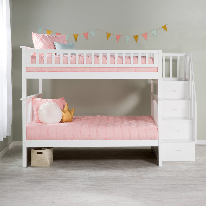 Flinn Kids Solid Wood Staircase Bunk Bed, White, Full over Full