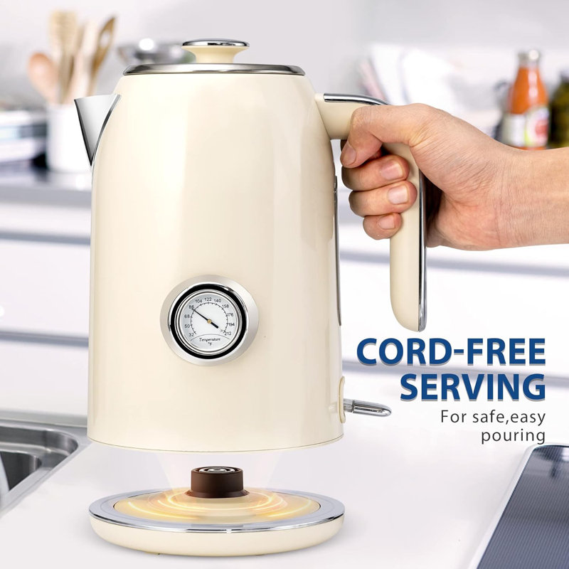 Cream 1.7L Stainless Steel Electric Kettle with Temperature Gauge