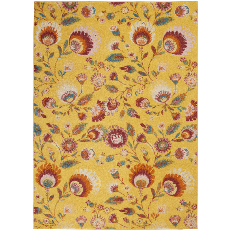 Tapis jaune à motif floral Lakenya, Rectangle 5 pi 3 po x 7 pi 3 po