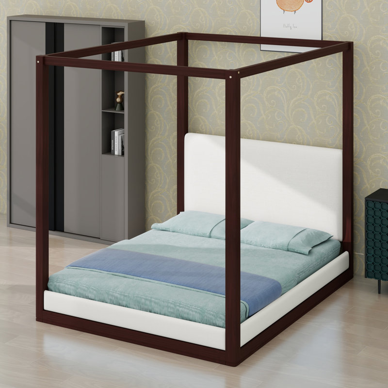 Lit plateforme à baldaquin pour chambre à coucher, tête de lit tapissier, Espresso Frame+White Fabric, Queen