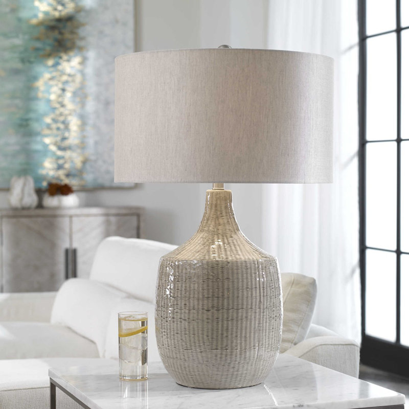 Light Gray Ceramic Table Lamp with Drum Shade