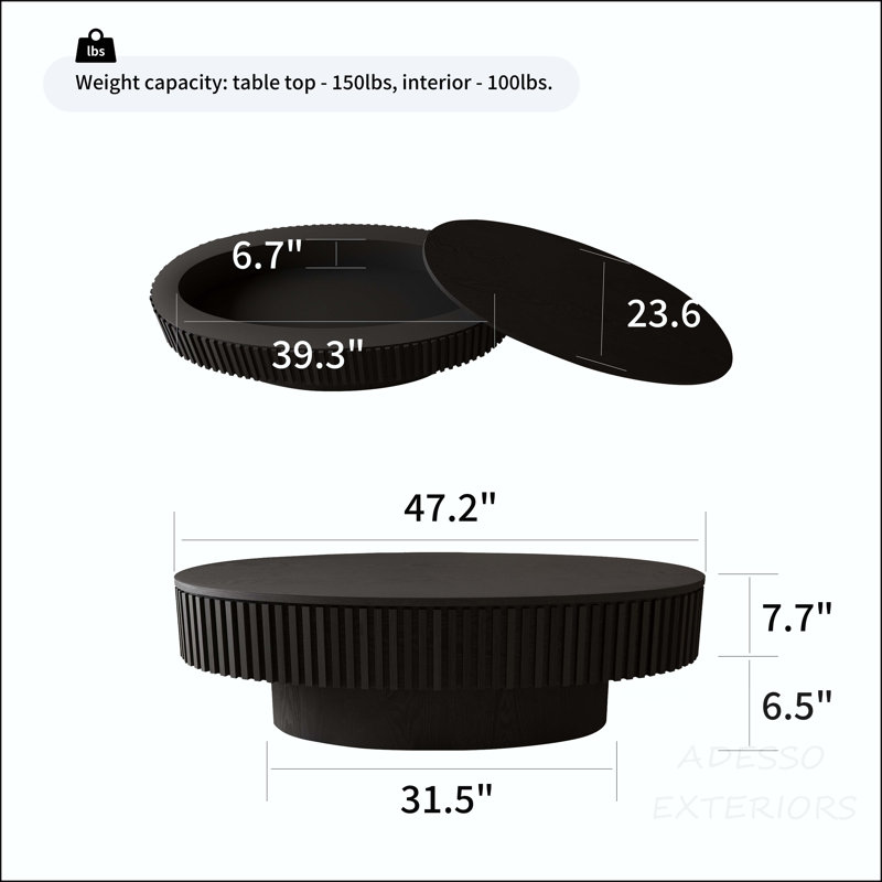 Table basse ovale avec rangement caché, Noir