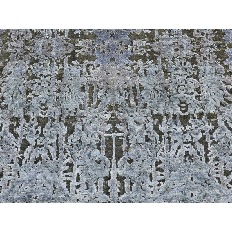 2'6"x10' Gray Silk with Wool Hand Knotted Erased Design Runner Rug 095DCCDB1F8F48F1BE99DDCAD0F23C1A