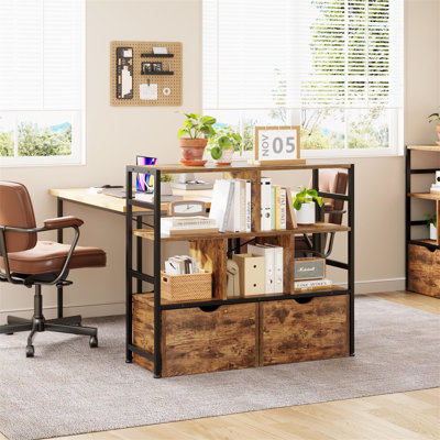 4 Tier Bookcase With 2 Movable Drawers,Wooden Floor Standing Book Shelf With Steel Frame