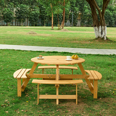 Table de pique-nique d'extérieur pour 8 personnes, 4 bancs intégrés, trou de parasol, imperméable. Pour les gens de la table de jardin - Jardin idéal, cour arrière, porche