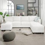 Ziniyah Convertible 4 Seater U-Shaped Modular Linen Sofa Sectional with 3 Ottoman for Living Room