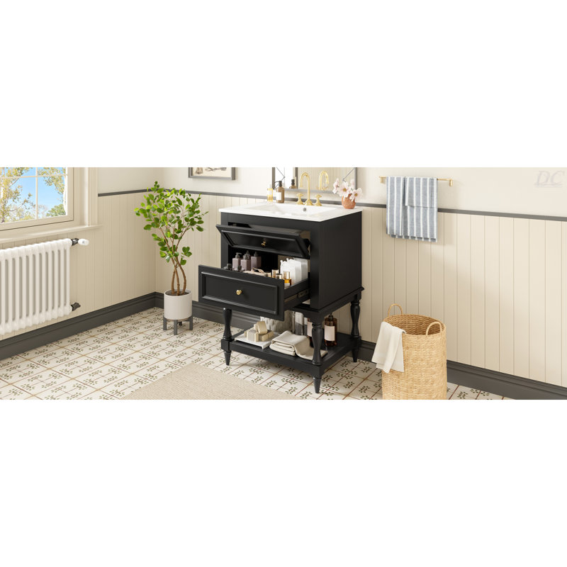 Meuble-lavabo de salle de bain 24 po avec lavabo en céramique, Noir