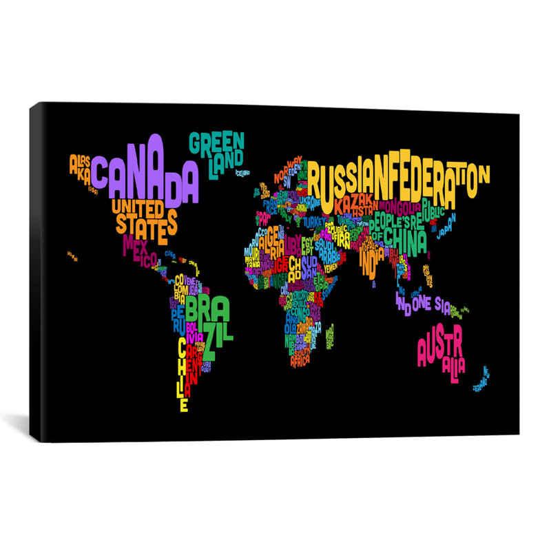 « typographie text world map ii (black) » par michael thompsett, impression sur toile, H 8 po x l 12 po x P 0,75 po