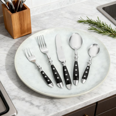 Nuremberg Series 30-Piece Stainless Steel Cutlery Set For 6 Persons, Forged Construction With Heavy-Weight Rustic Design And Comfortable Black Handles